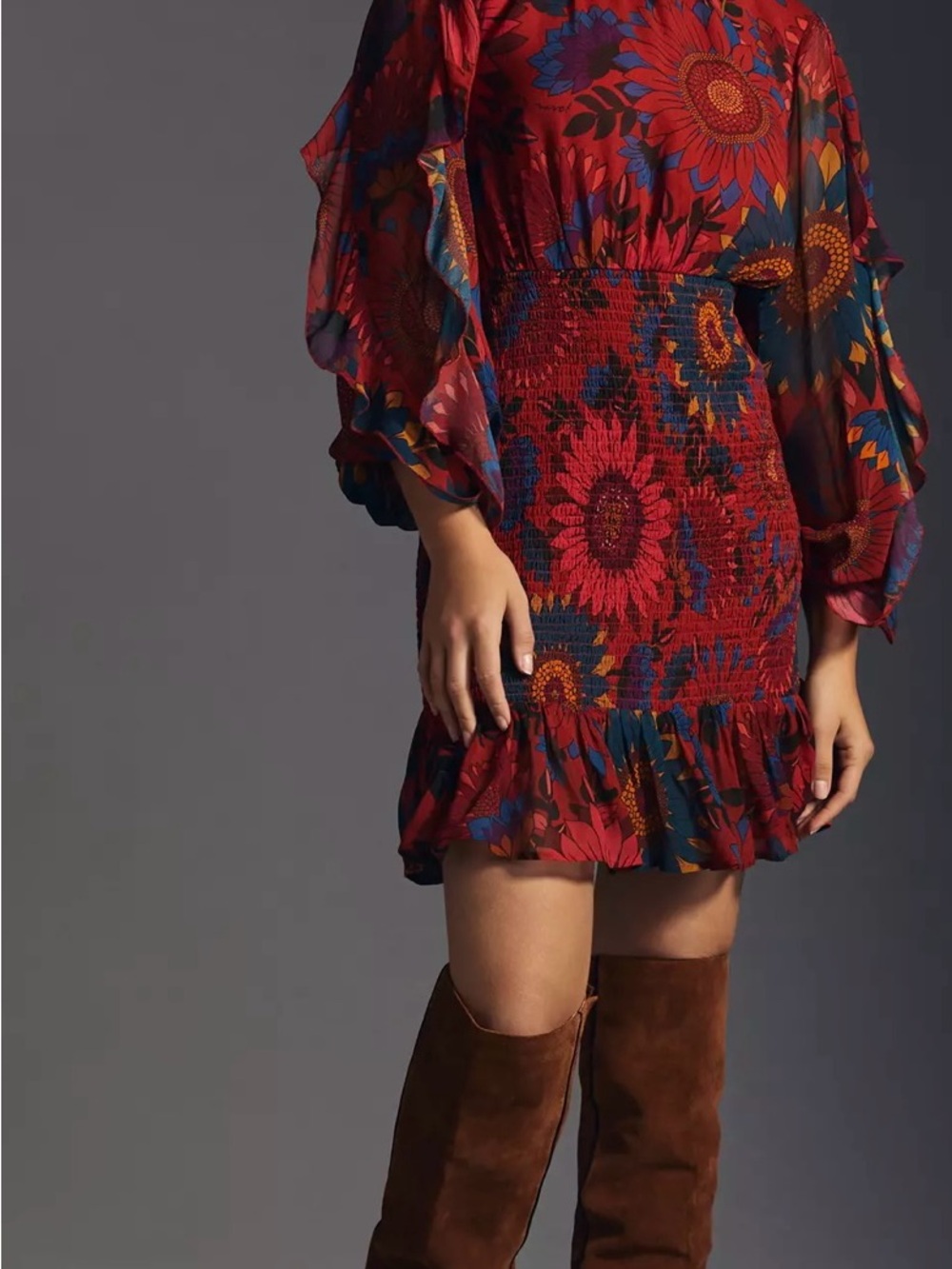 Anthropologie Red Floral Smocked Mini with Blue & Gold Accents